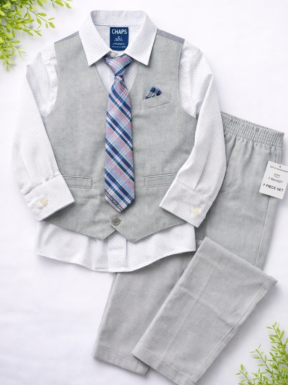 Chaps Boys Size 7 Suit Set Vest Shirt Tie Pants Gray 4pc Formal